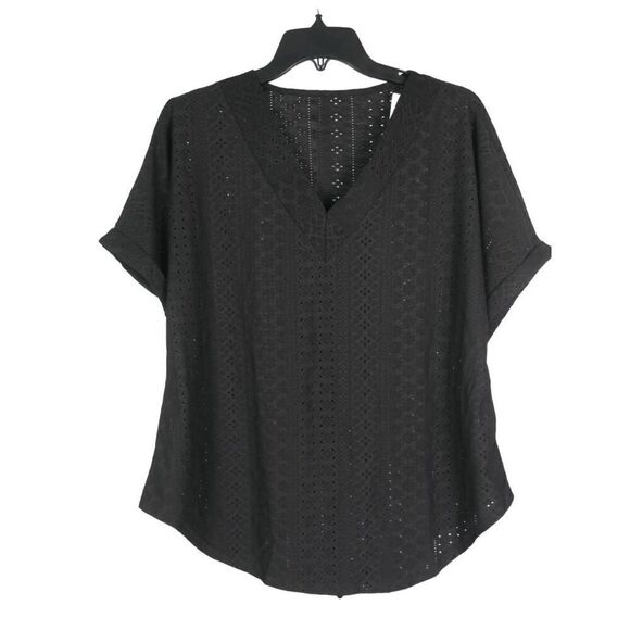 Women's Black Eyelet V-neck Short Sleeve Top XXL - Picture 1 of 8
